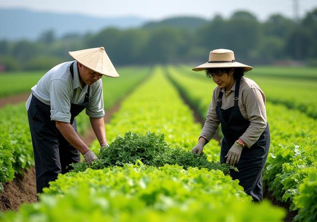 畑で野菜を収穫する農家